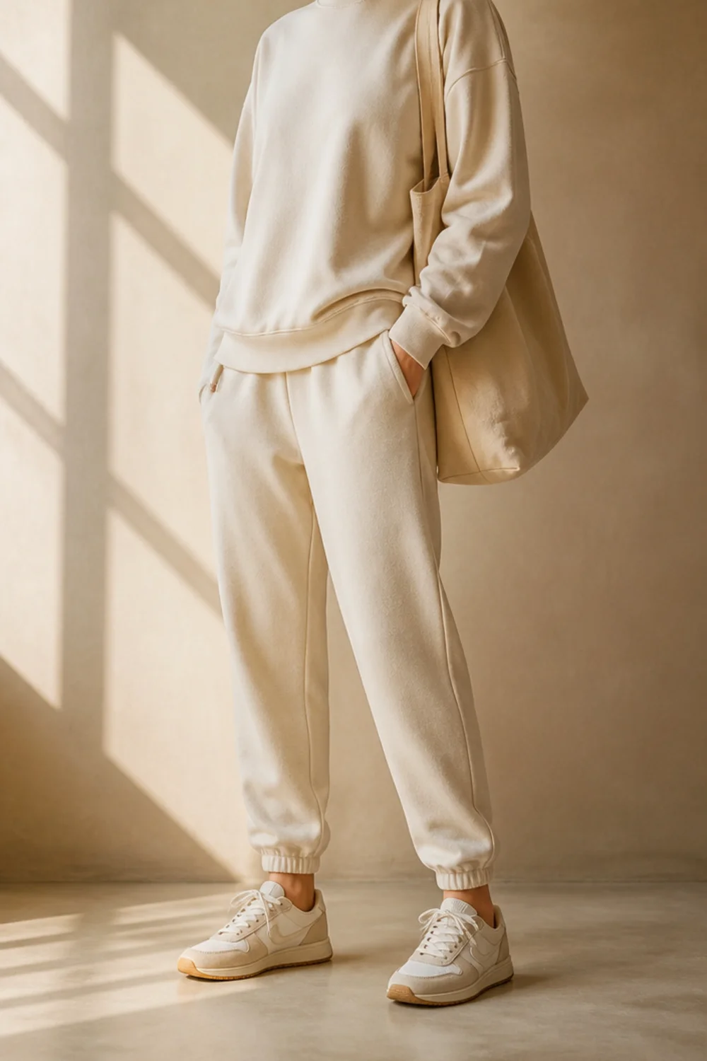Faceless college sweatpants outfit with a cropped hoodie, tote bag and trainers