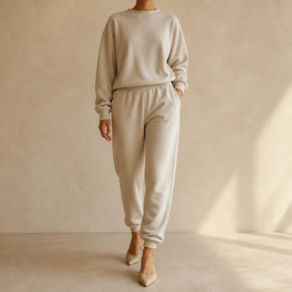 Faceless full-length shot of a tonal beige sweat set finished with pointed heeled mules
