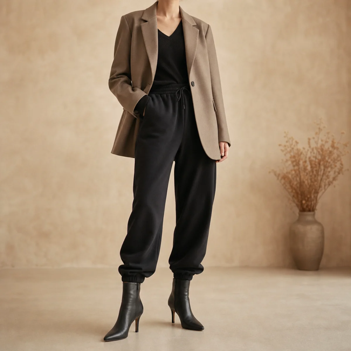 Faceless full-length shot of black sweatpants with a blazer and sleek black heeled boots