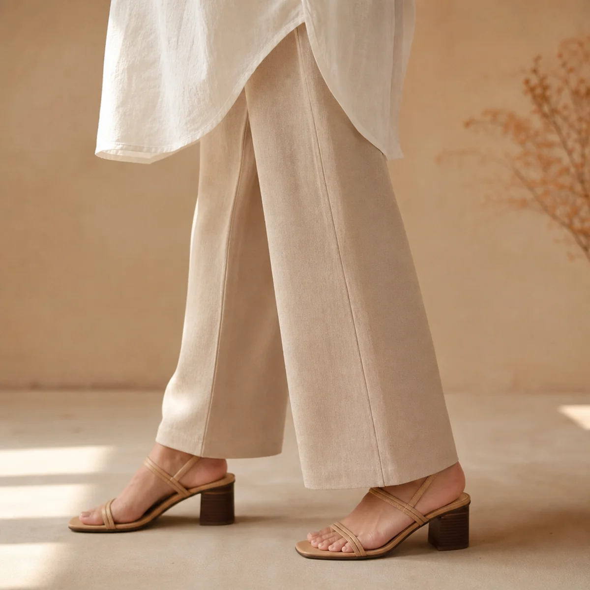 Faceless waist-down shot of slim sweatpants with an oversized shirt and block-heel sandals