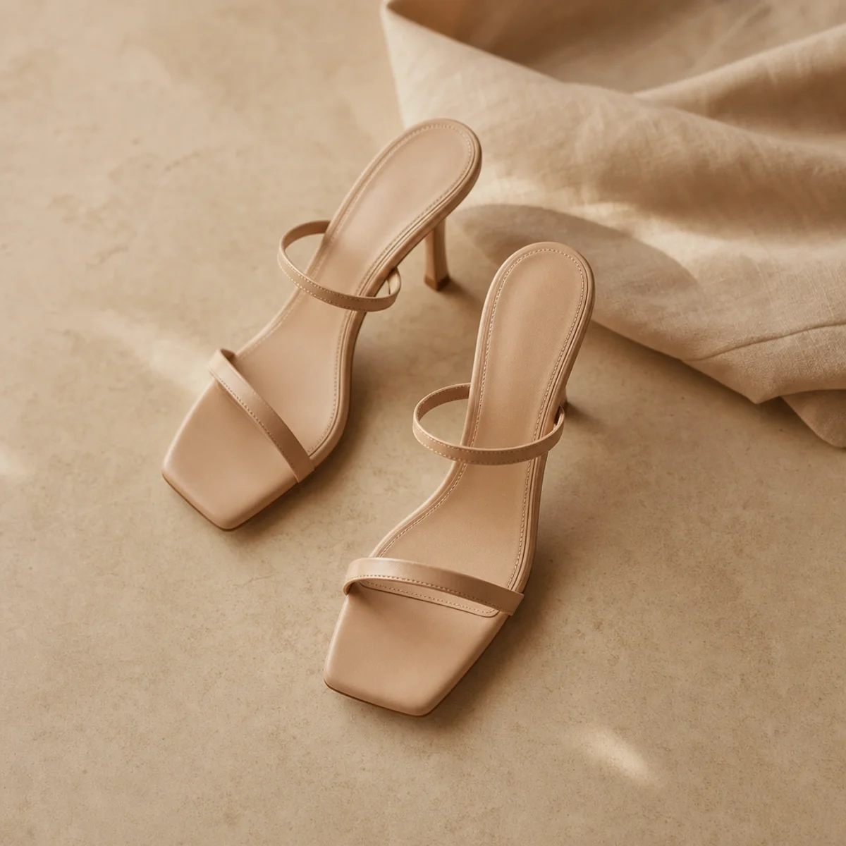 Faceless full-length shot of a beige tonal sweat outfit finished with nude heeled sandals