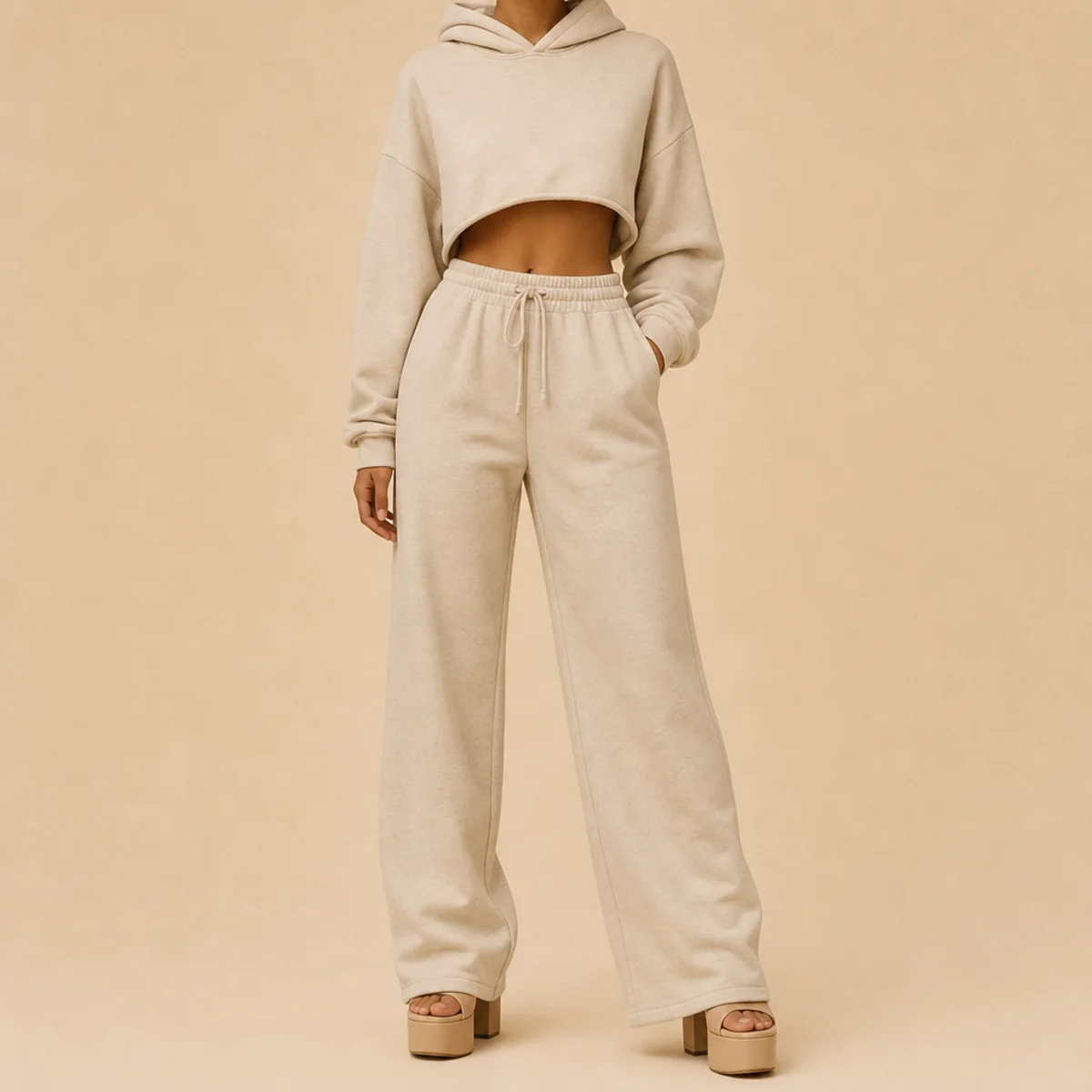 Faceless full-length shot of sweatpants and a cropped hoodie finished with platform heels
