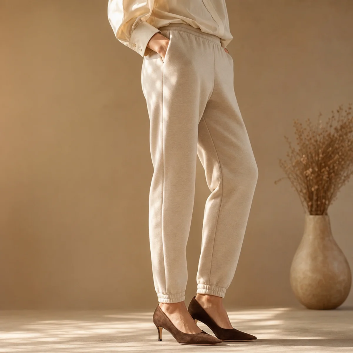 Faceless waist-down shot of tapered sweatpants with a tucked button-down and kitten heels