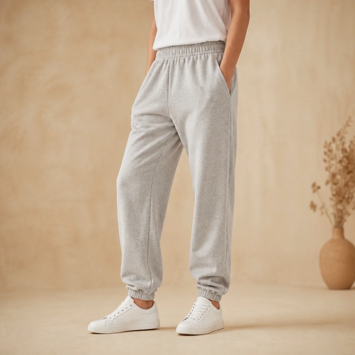 Faceless waist-down shot of grey sweatpants with a tucked-in white tee and white low-top trainers