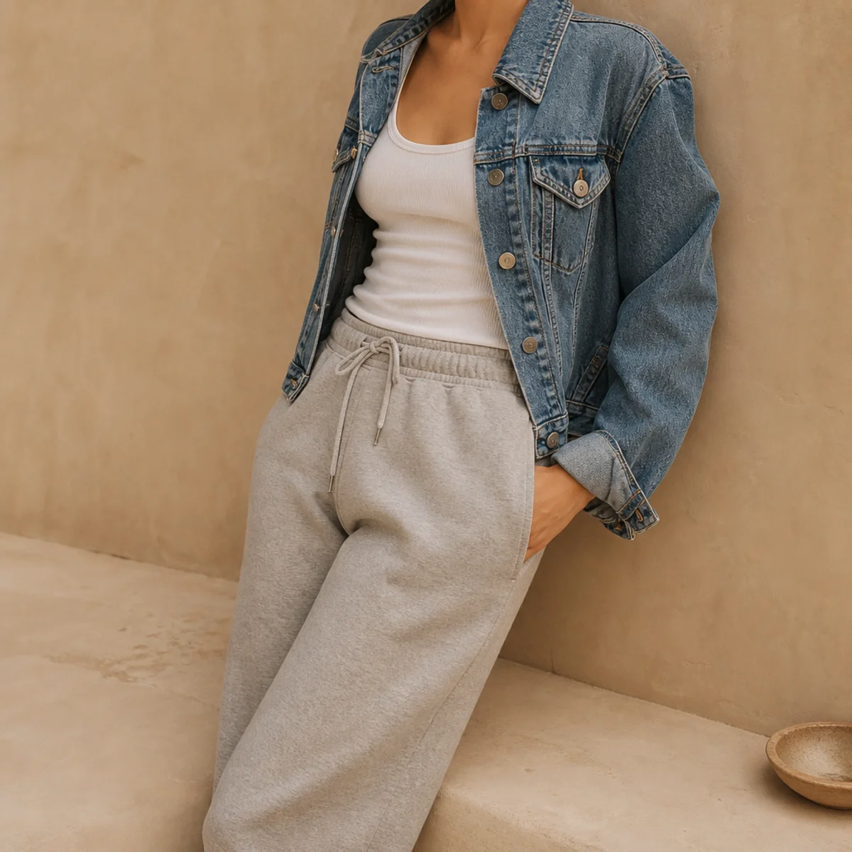 Faceless waist-up shot of a classic blue denim jacket over a white tank with grey sweatpants