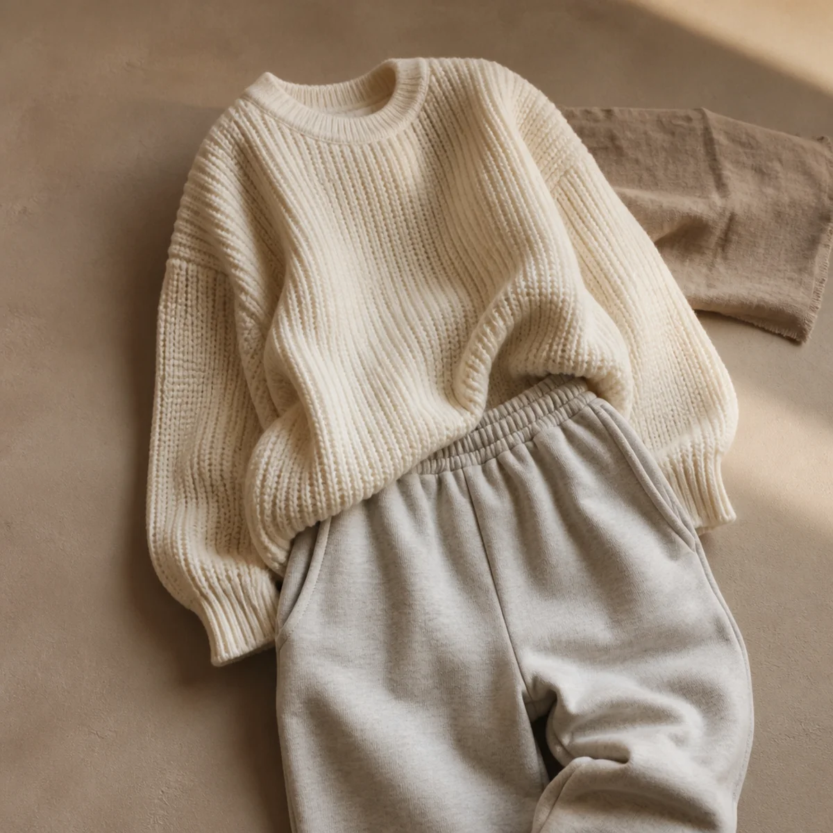 Faceless waist-up shot of an oversized cream chunky knit jumper with soft grey sweatpants