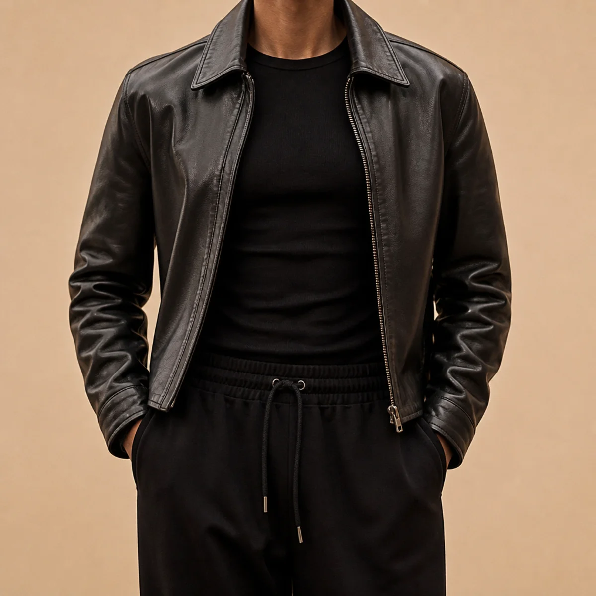 Faceless waist-up shot of a fitted black leather jacket over a black top with black sweatpants