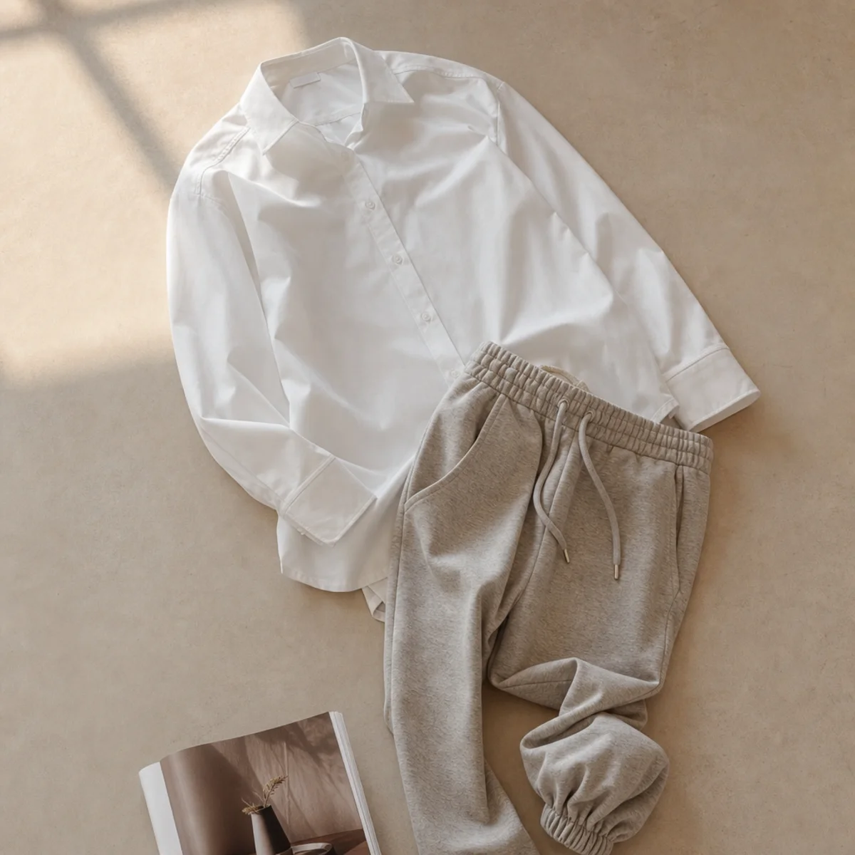 Faceless waist-up shot of a crisp white oversized button-down shirt with grey tapered sweatpants
