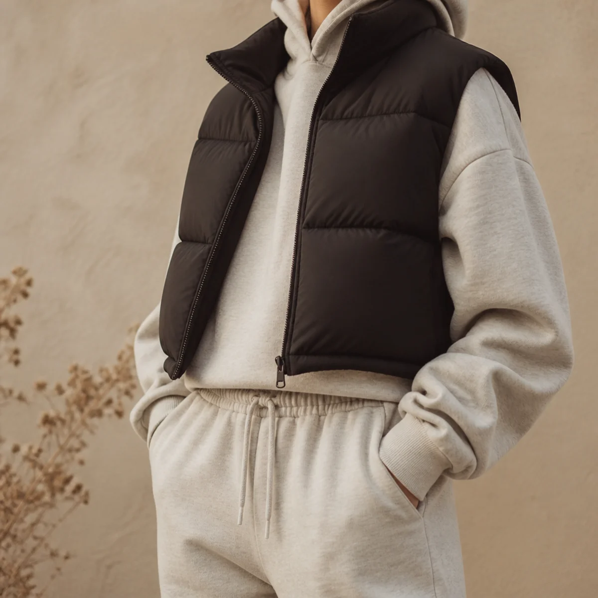 Faceless waist-up shot of a cropped black puffer vest over a grey hoodie with matching sweatpants