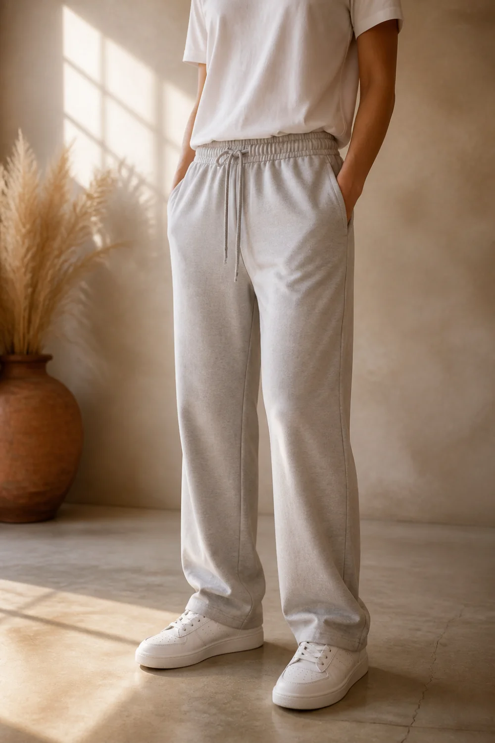 Faceless put-together sweatpants outfit with an oversized blazer and white trainers — elevated loungewear