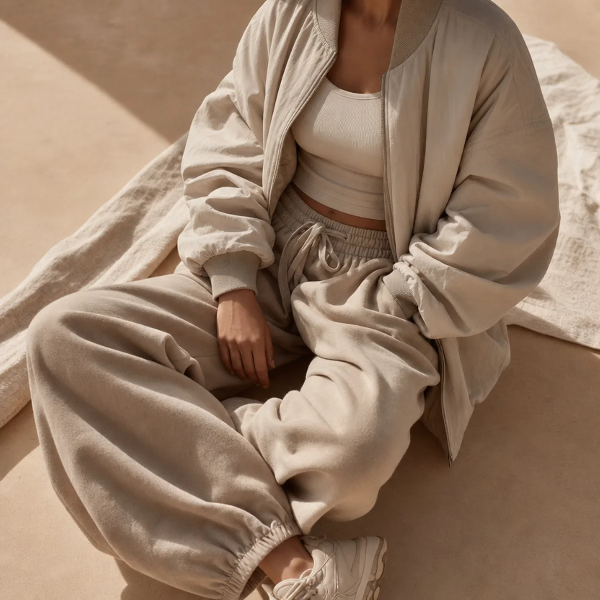 Faceless full-length shot of an oversized bomber jacket over a fitted top with baggy joggers