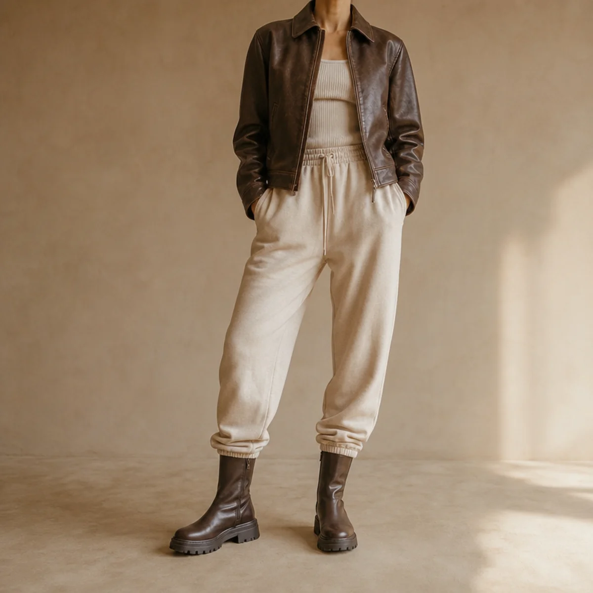 Faceless waist-up shot of a fitted leather jacket over a top with joggers and chunky boots