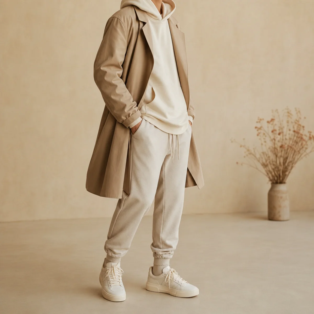Faceless full-length shot of a hoodie layered under an open trench coat with joggers