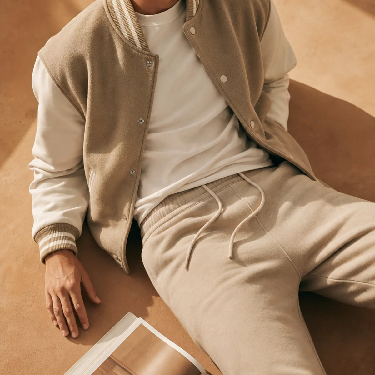 Faceless waist-up shot of a varsity bomber jacket over a tee with joggers