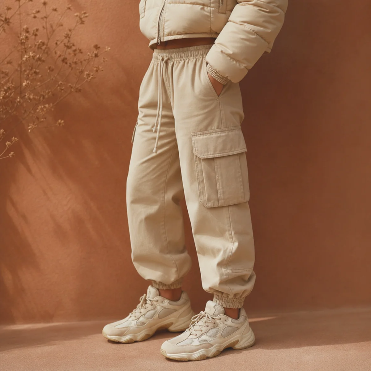 Faceless waist-down shot of cargo-style joggers with a cropped puffer and chunky sneakers