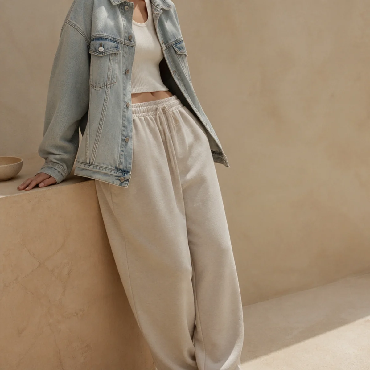 Faceless waist-up shot of an oversized denim jacket over a top with baggy joggers