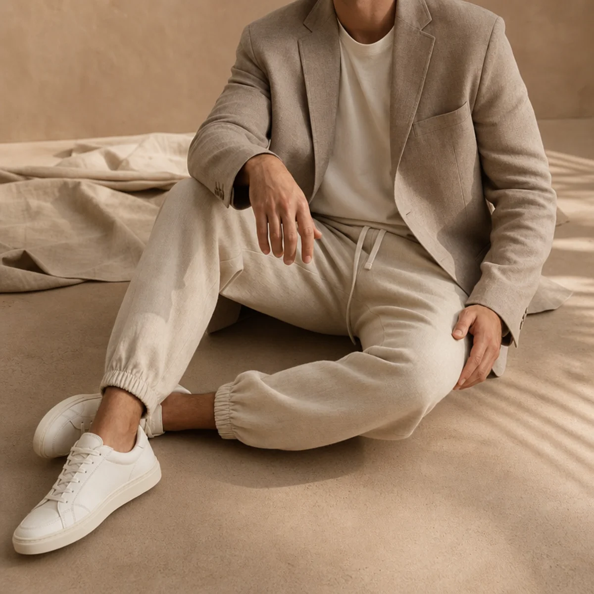 Faceless waist-up shot of an oversized blazer over a tee with joggers and sneakers
