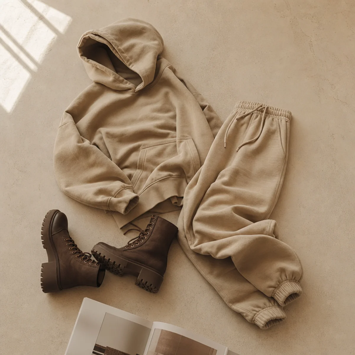 Faceless full-length shot of an oversized hoodie with baggy joggers and chunky lug-sole boots