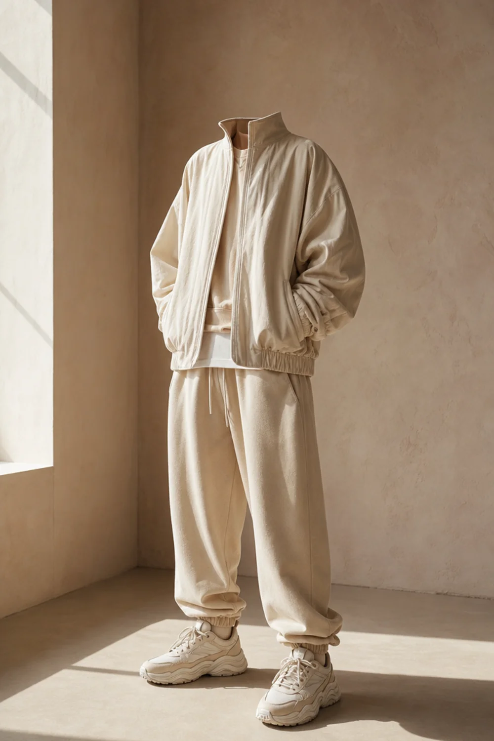 Faceless street-style sweatpants outfit with an oversized bomber and chunky sneakers