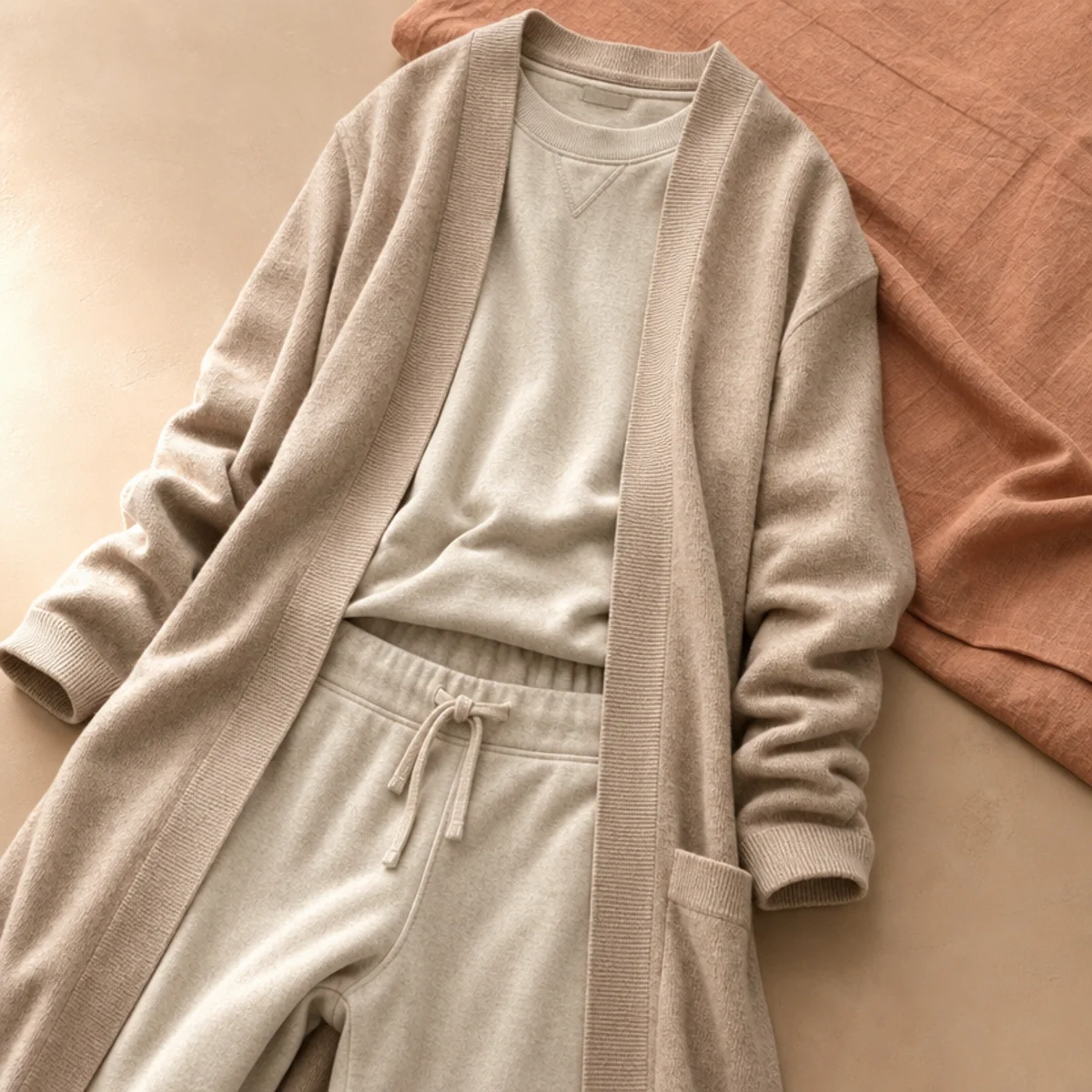 Faceless waist-up shot of a tonal sweat set layered under a longline cardigan for travel