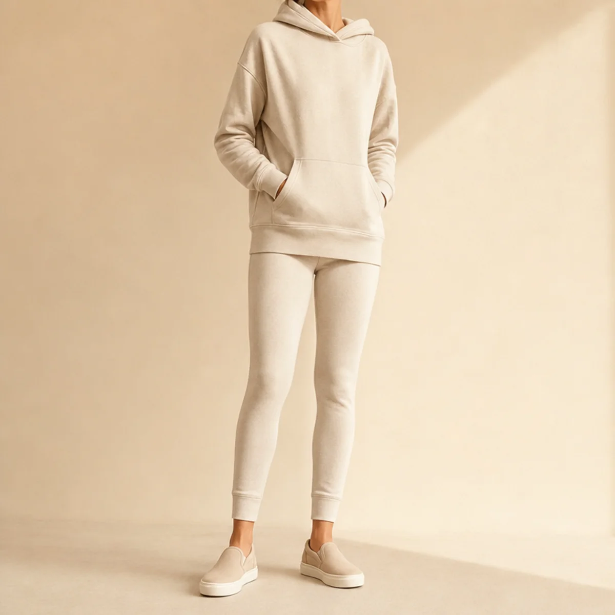 Faceless full-length shot of a hoodie with joggers and slip-on trainers for the airport