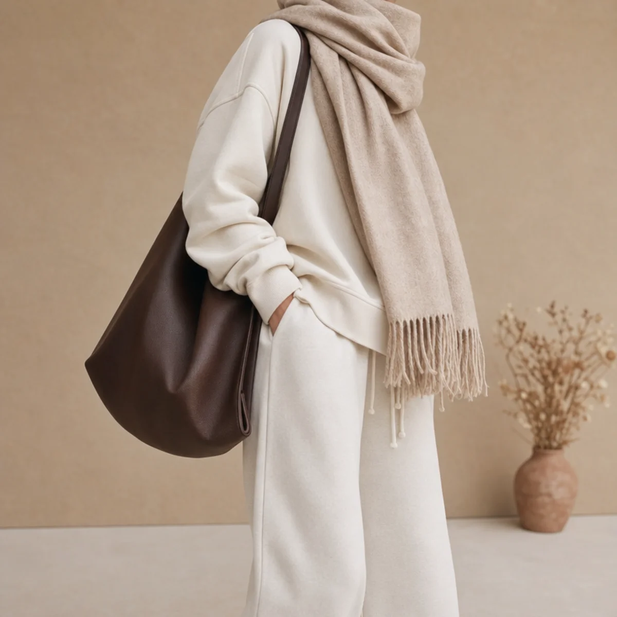 Faceless waist-up shot of a simple sweat outfit with a large blanket scarf and a leather tote