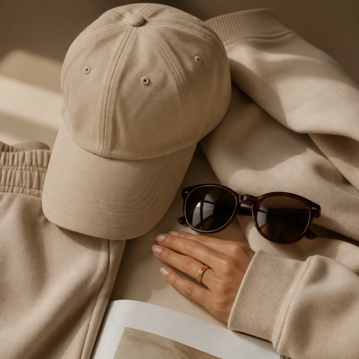 Faceless waist-up shot of a matching sweat set with a baseball cap and sunglasses for travel