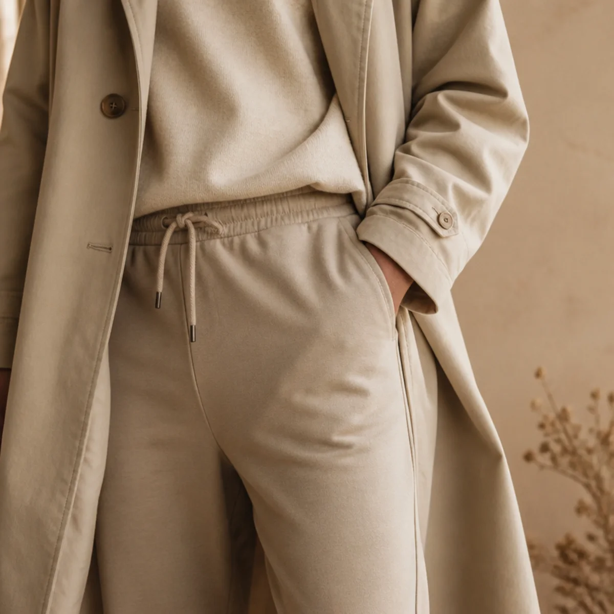 Faceless full-length shot of an open trench coat over slim joggers and loafers for travel
