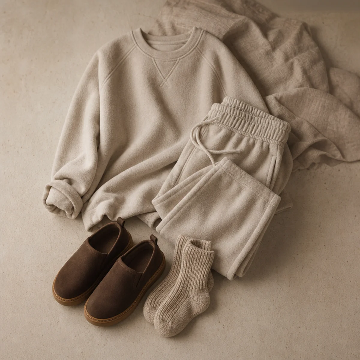 Faceless waist-up shot of a soft fleece sweat set with chunky socks and slip-on shoes
