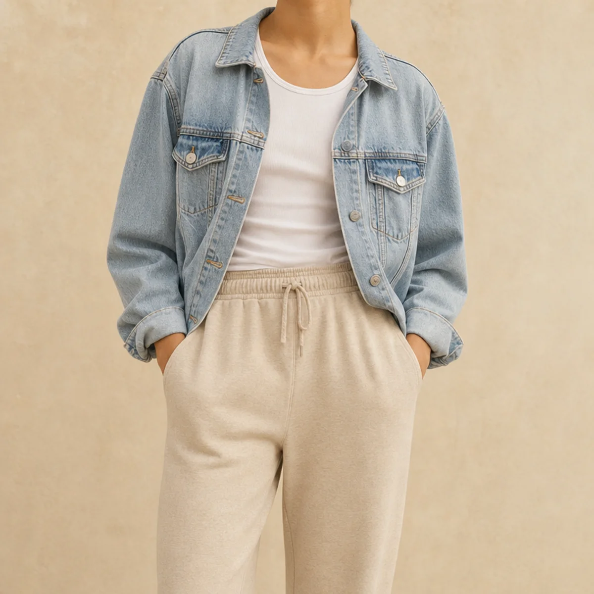Faceless waist-up shot of a denim jacket over a tank with joggers for casual travel
