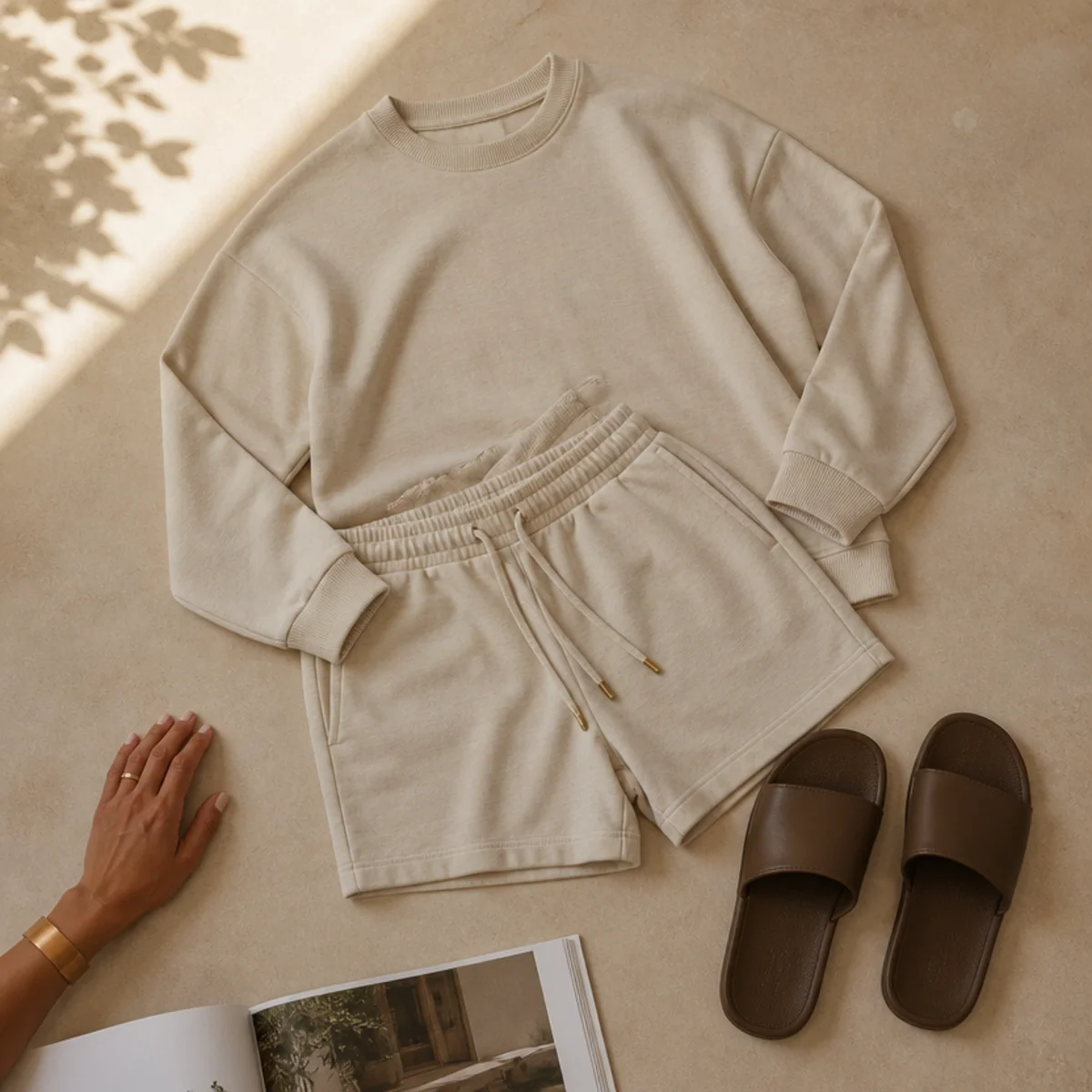 Faceless waist-down shot of a matching sweat shorts set with slide sandals for warm-weather travel