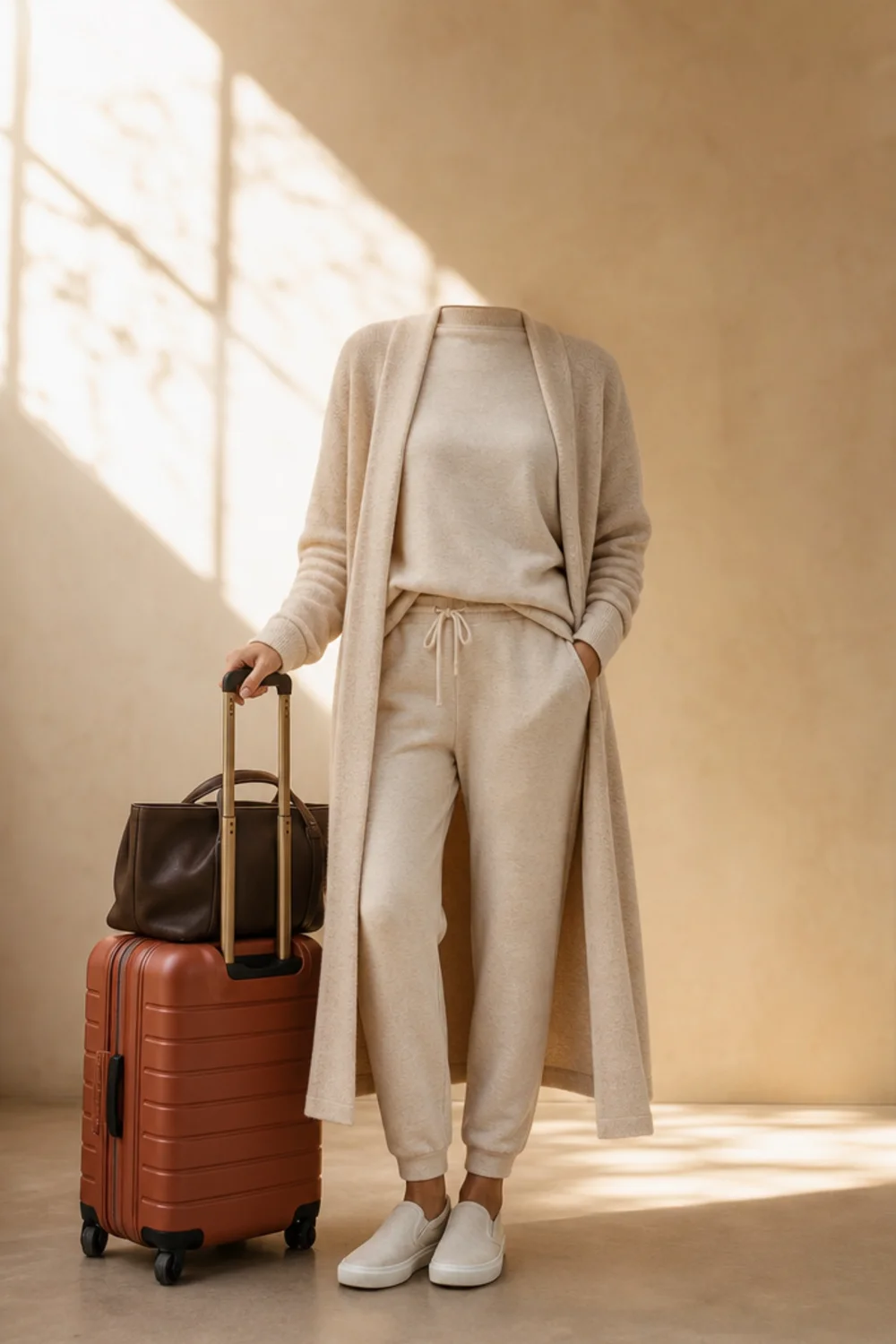 Faceless cute airport outfit with sweatpants, an oversized scarf and a tote