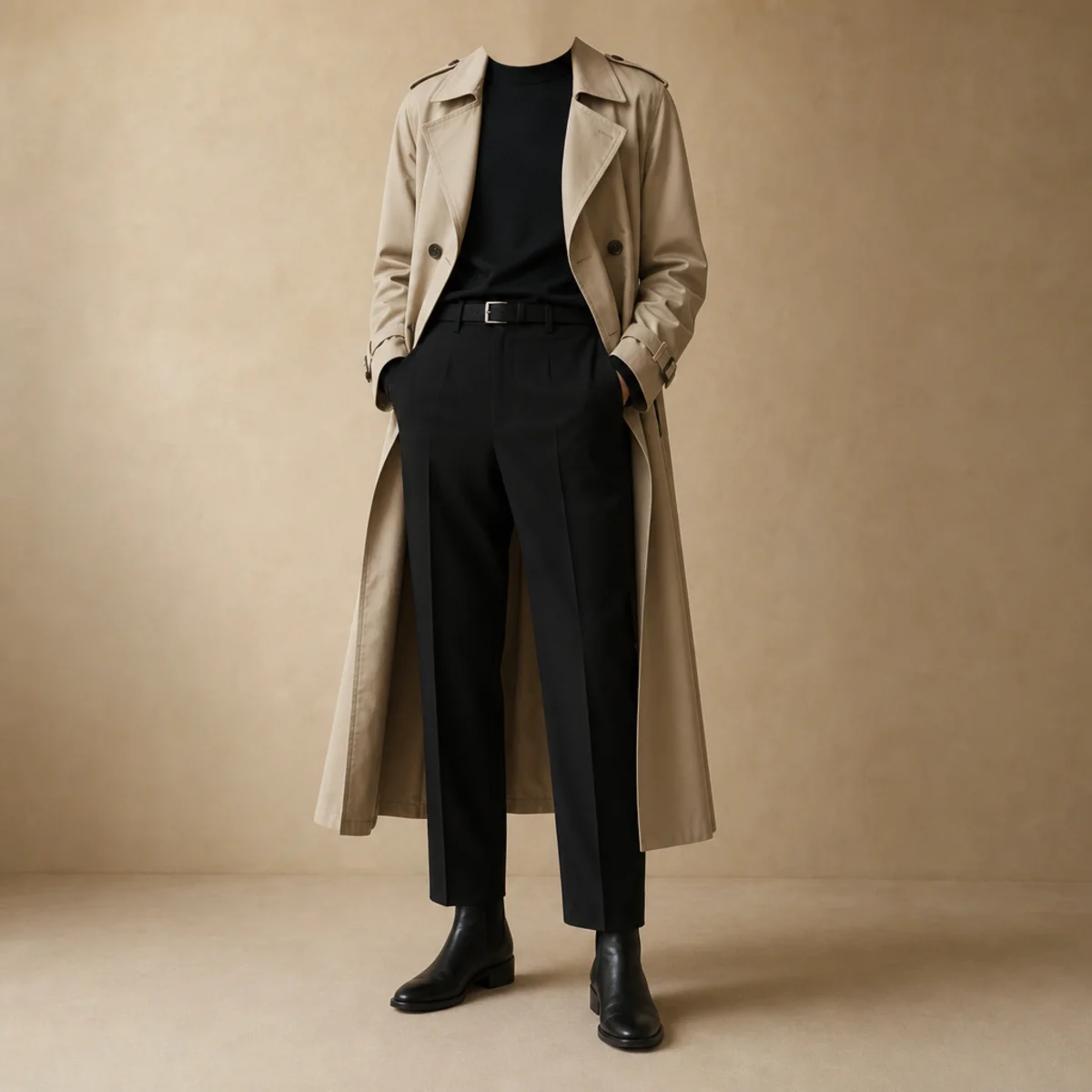 Faceless full-length shot of a beige trench worn open over an all-black outfit with boots