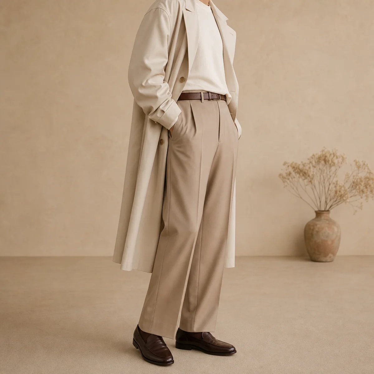 Faceless full-length shot of a trench over tailored trousers with loafers