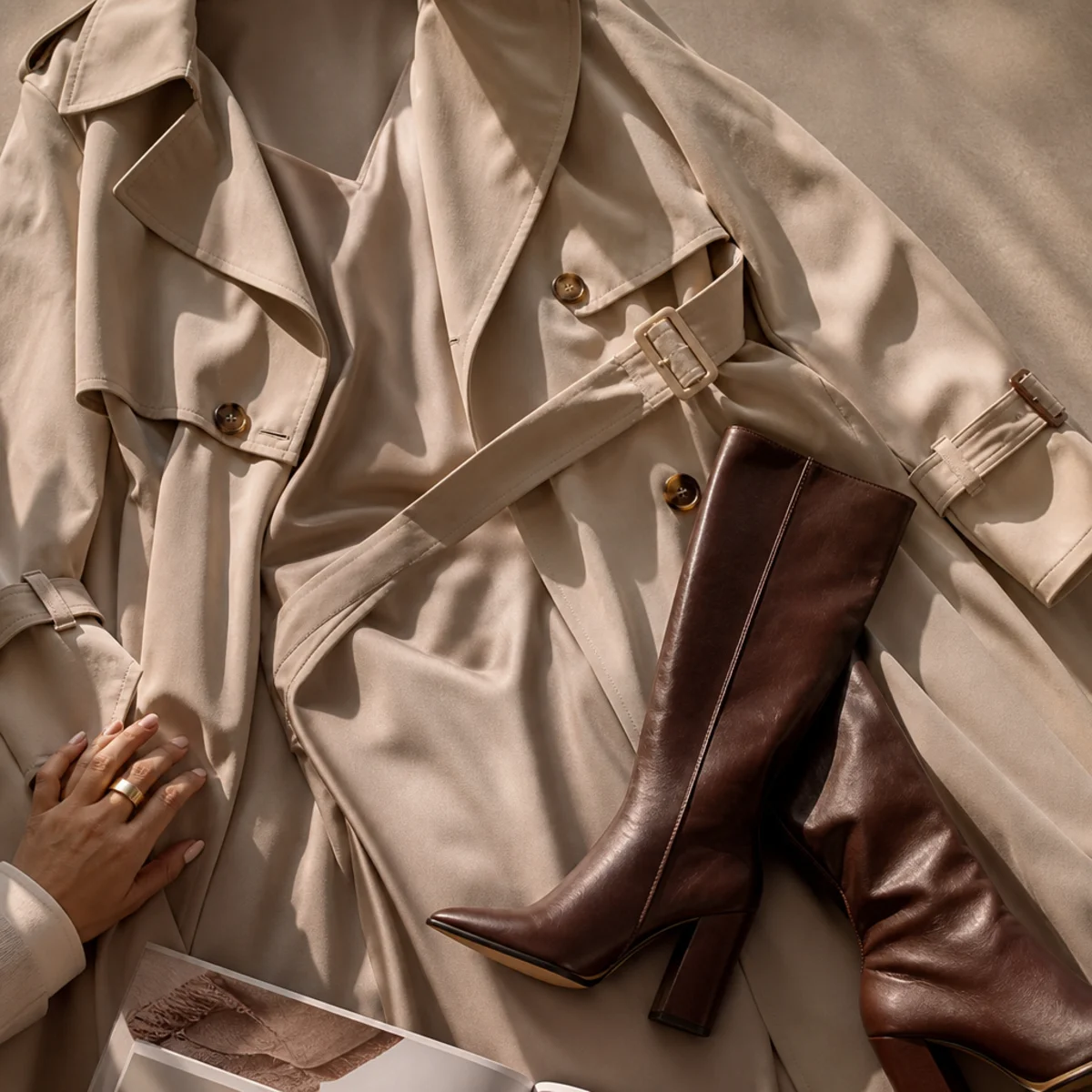 Faceless full-length shot of a trench over a midi dress with tall boots
