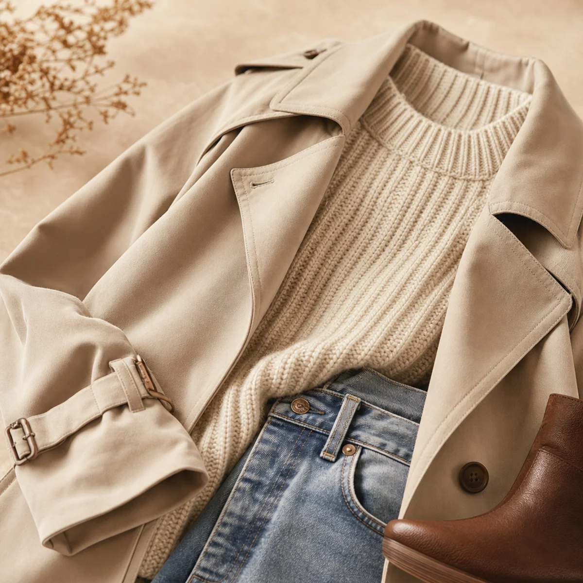 Faceless full-length shot of a trench over a chunky knit with jeans and boots