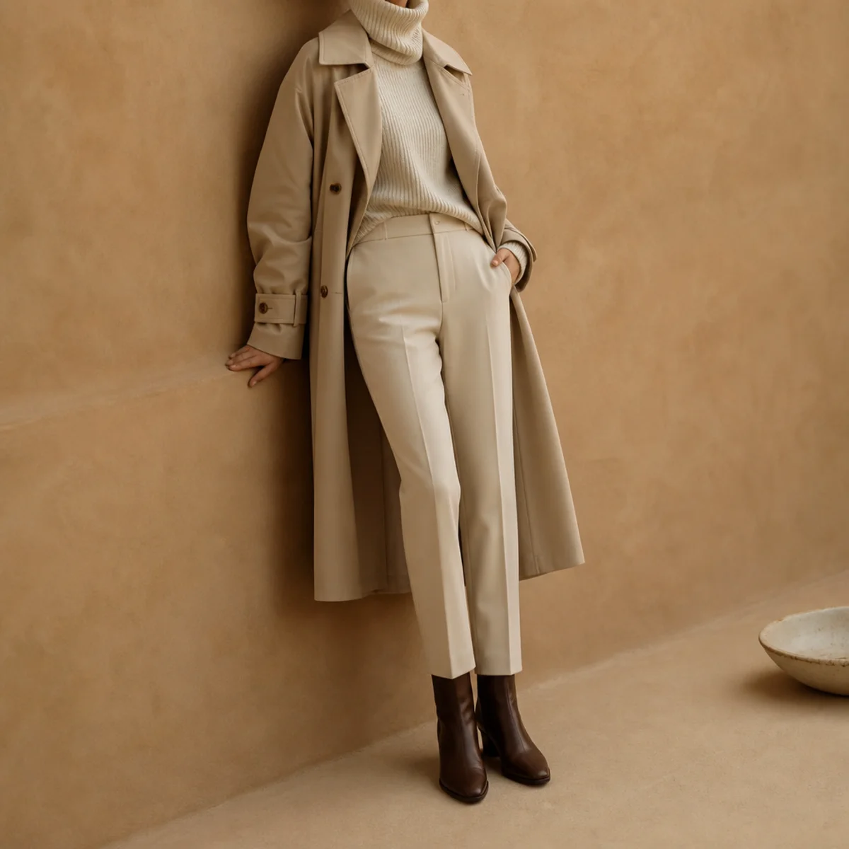 Faceless full-length shot of a trench over a turtleneck with slim trousers and boots