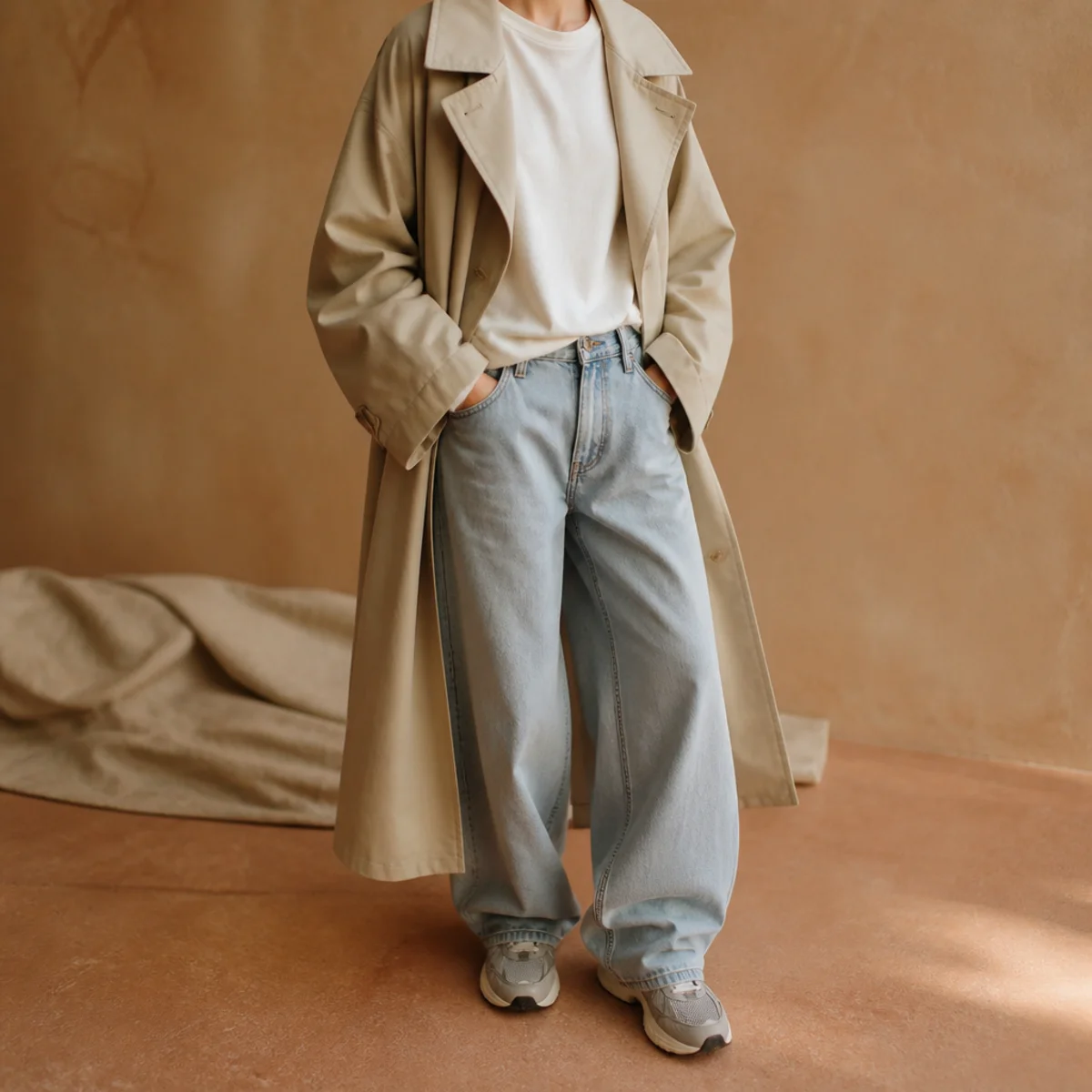 Faceless full-length shot of an oversized trench worn open over a tee, jeans and sneakers