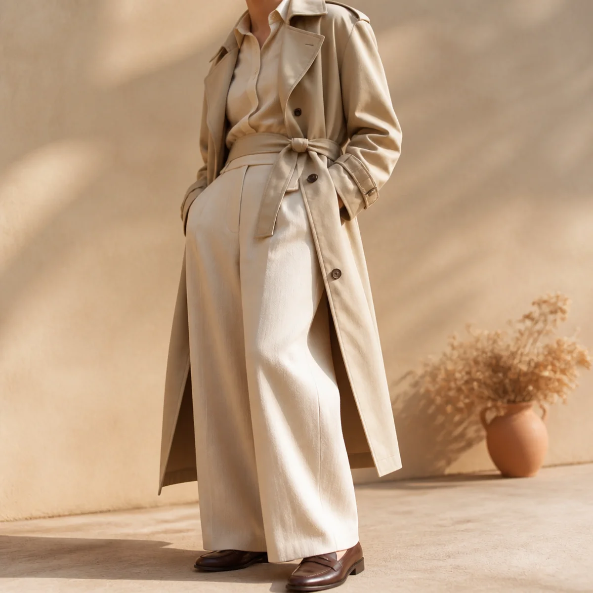 Faceless full-length shot of a belted trench over wide-leg trousers with loafers