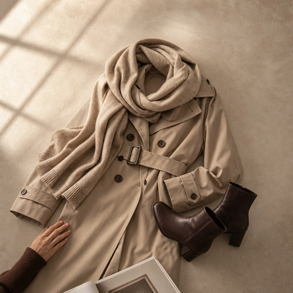 Faceless waist-up shot of a trench with a large scarf and ankle boots