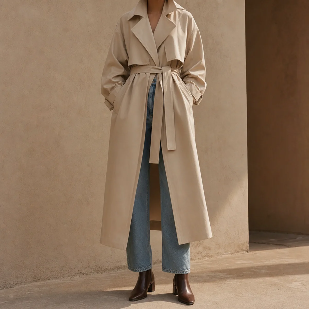 Faceless full-length editorial shot of a belted beige trench coat over straight jeans and ankle boots