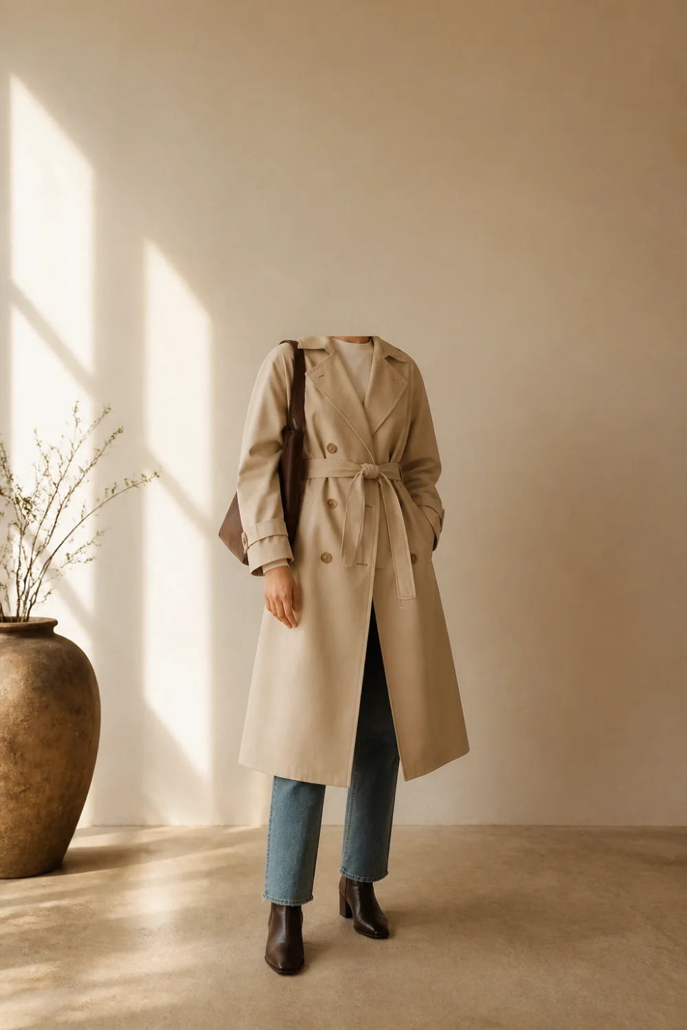 Faceless trench coat outfit with straight jeans and ankle boots