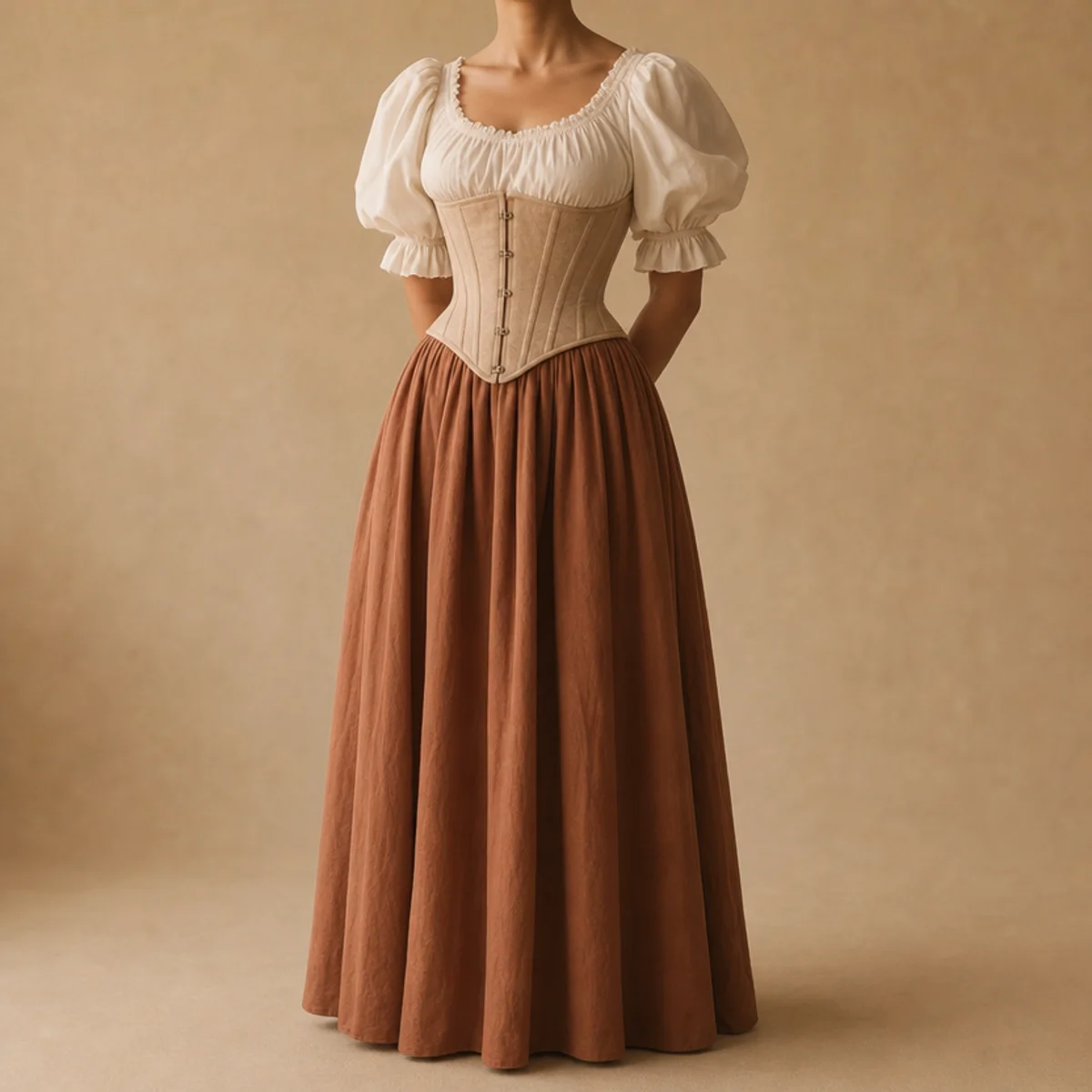Faceless waist-up shot of a corset worn over a white puff-sleeve blouse with a skirt