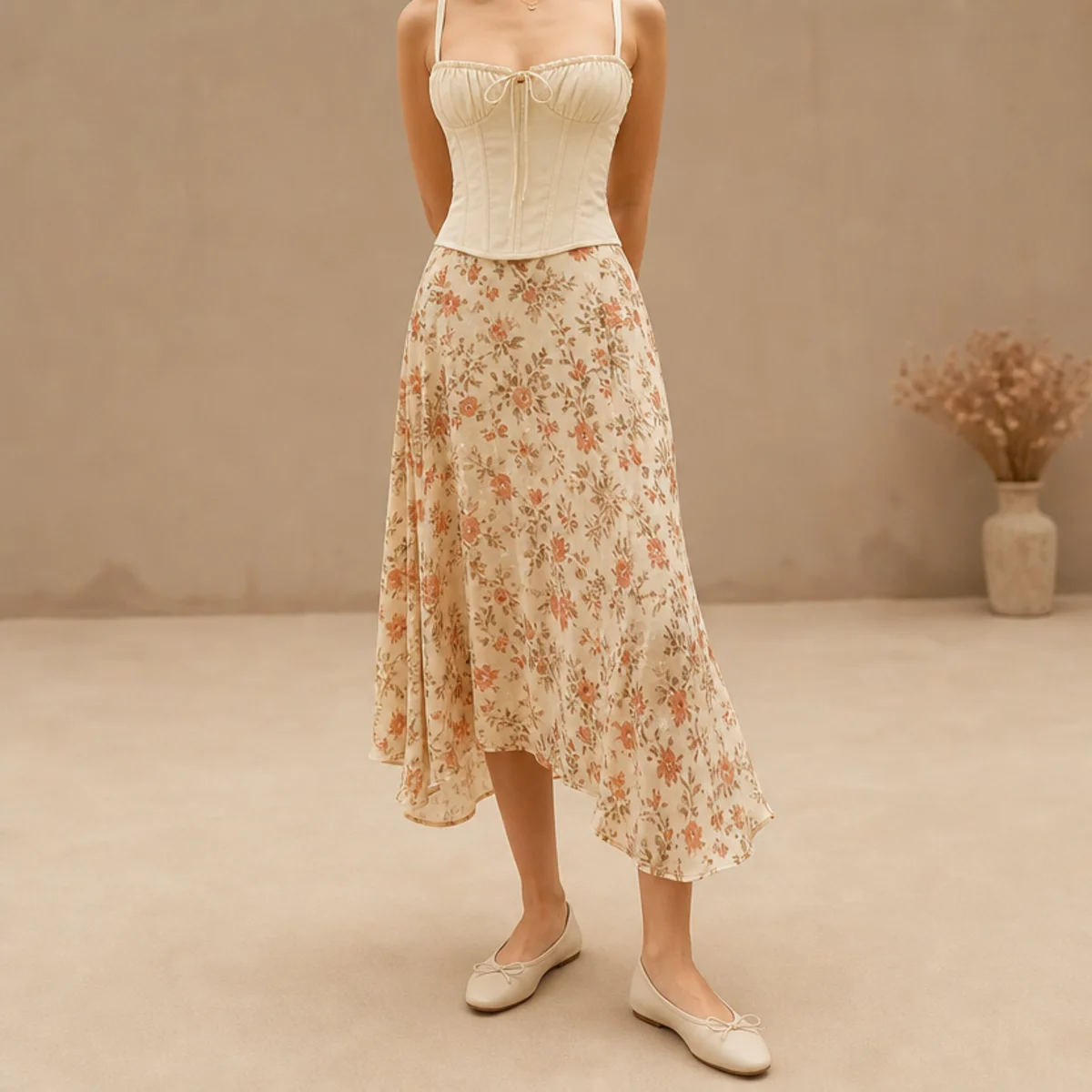 Faceless full-length shot of a corset top with a floral midi skirt and ballet flats