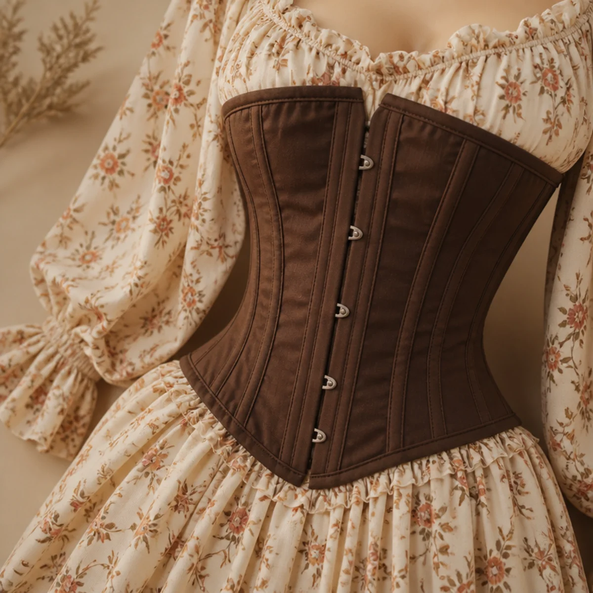 Faceless full-length shot of a corset worn over a floral prairie dress
