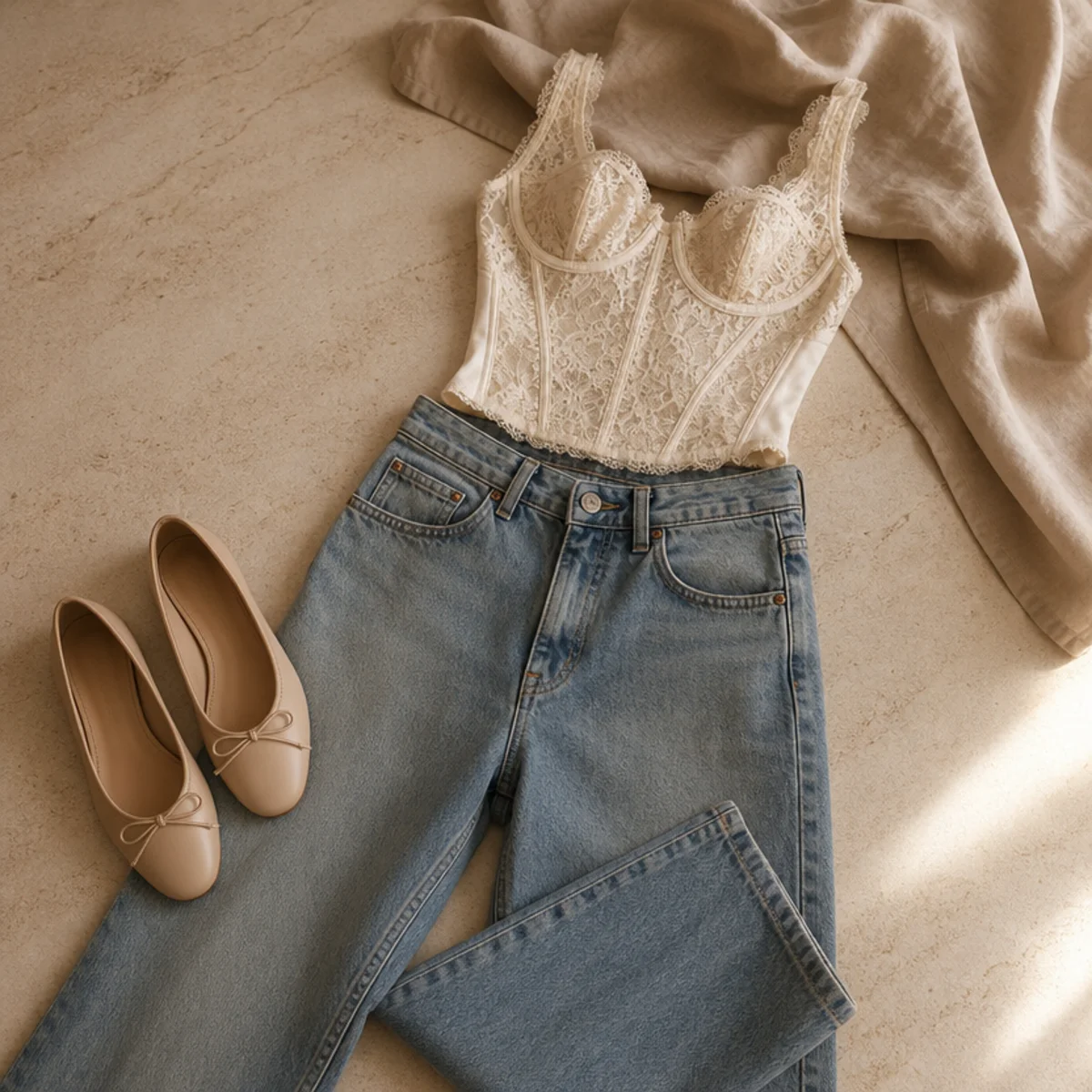 Faceless waist-up shot of a lace corset top with vintage-style jeans and flats