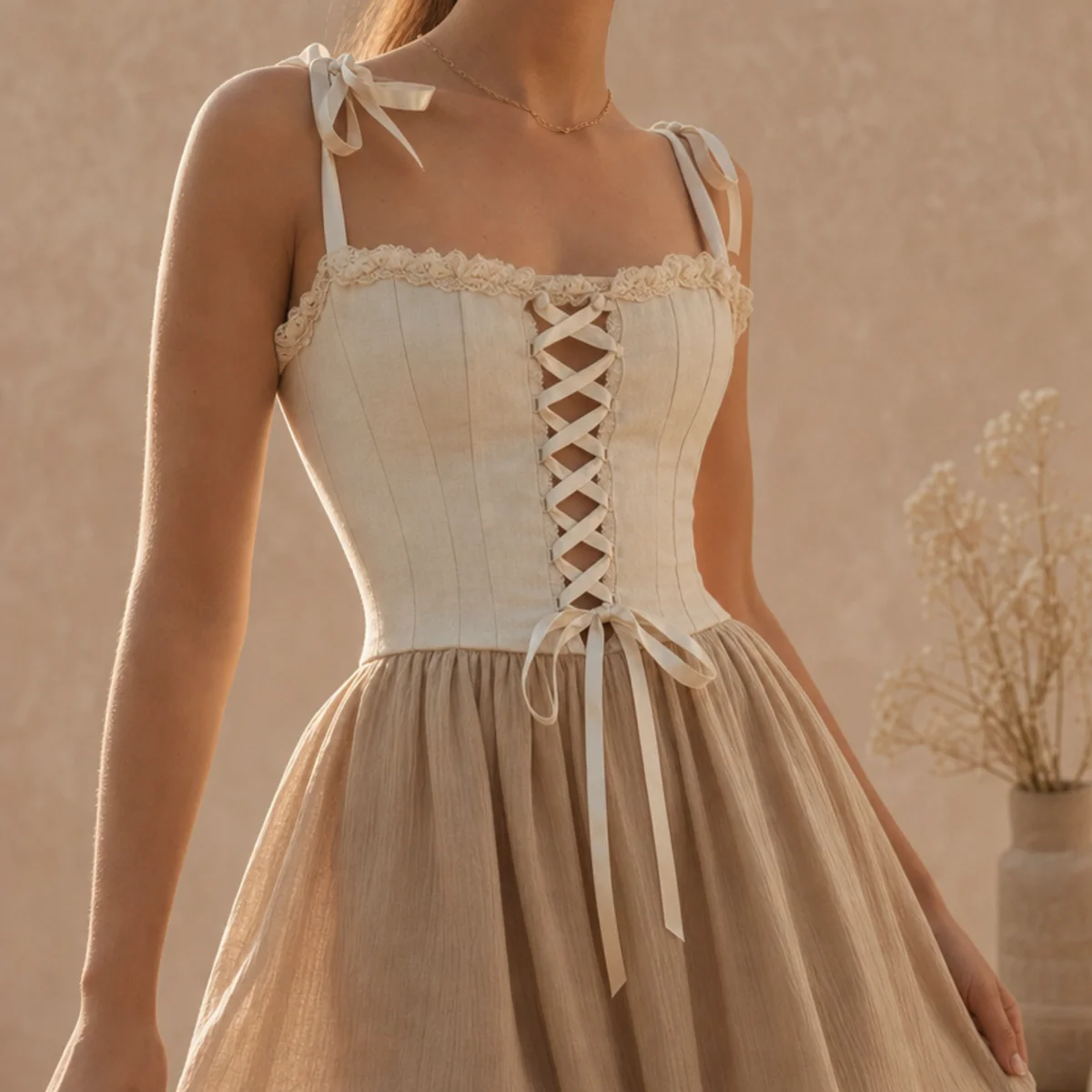 Faceless waist-up shot of a corset top with ribbon lacing details and a soft skirt