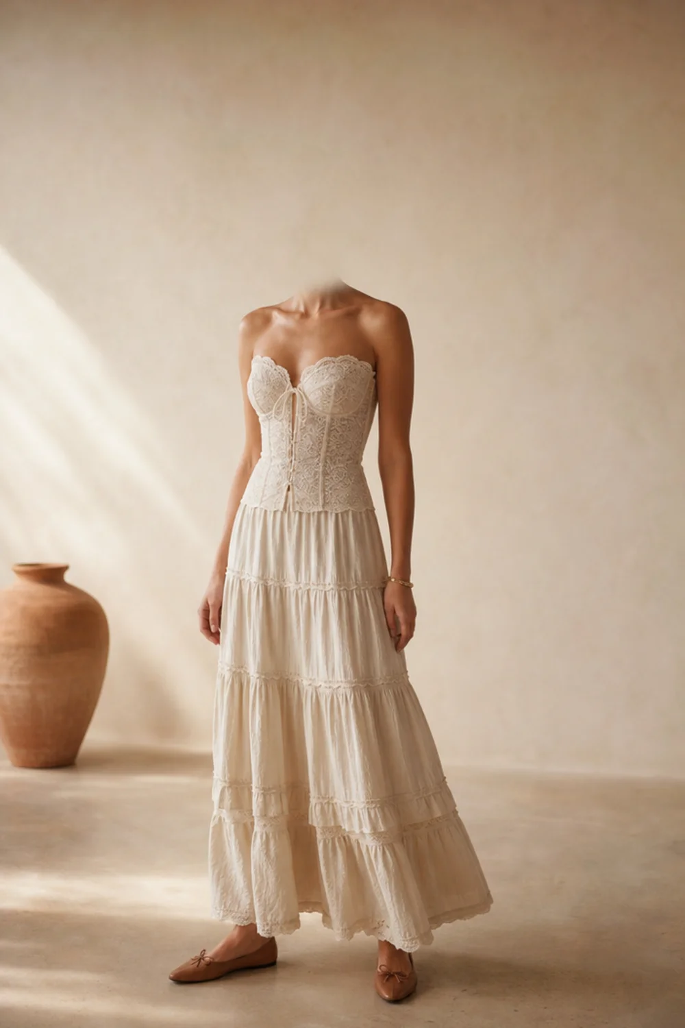 Faceless vintage corset outfit with a lace corset and tiered skirt