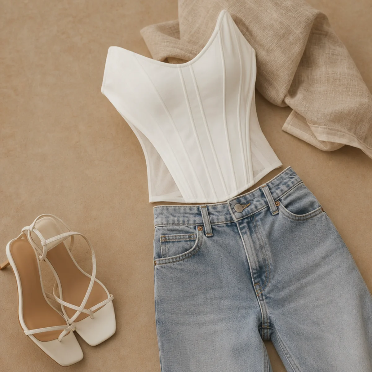 Faceless waist-up shot of a white corset top with jeans and heeled sandals