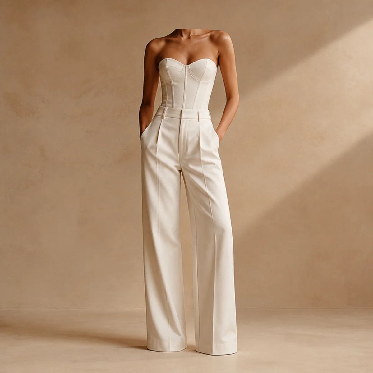 Faceless waist-up shot of a white corset top with high-waisted tailored trousers